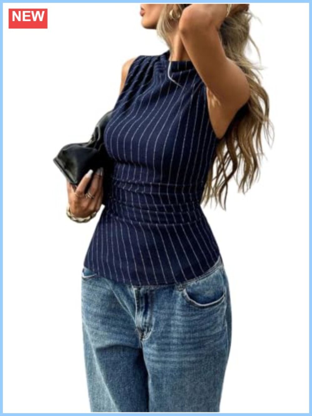Striped Tank Top Mock Neck Sleeveless Ruched Slim Fit Going Out Top